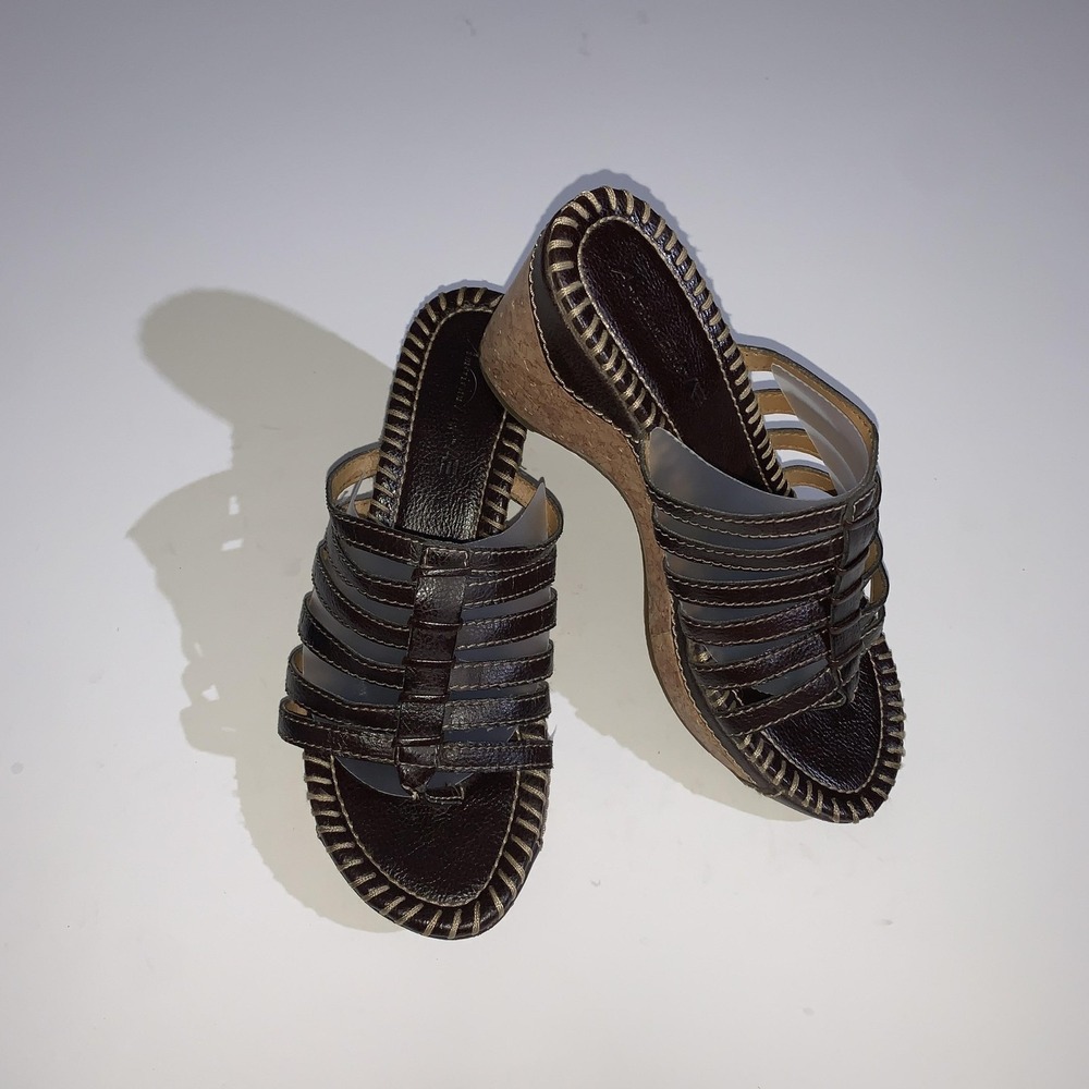 American Eagle Sandals Womens Size 7 Brown Faux Leather Strappy Wedge Slide